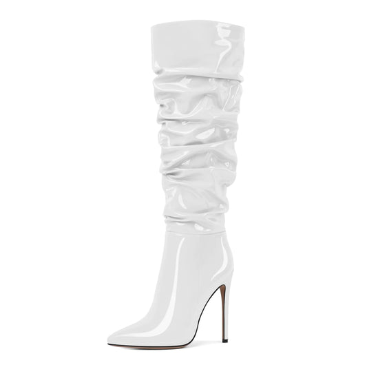 Slouchy Knee Hig Pointed Toe Stiletto Heel Boots. Stretch Side Zipper Long Boots, 4.7 Inches Patent Leather