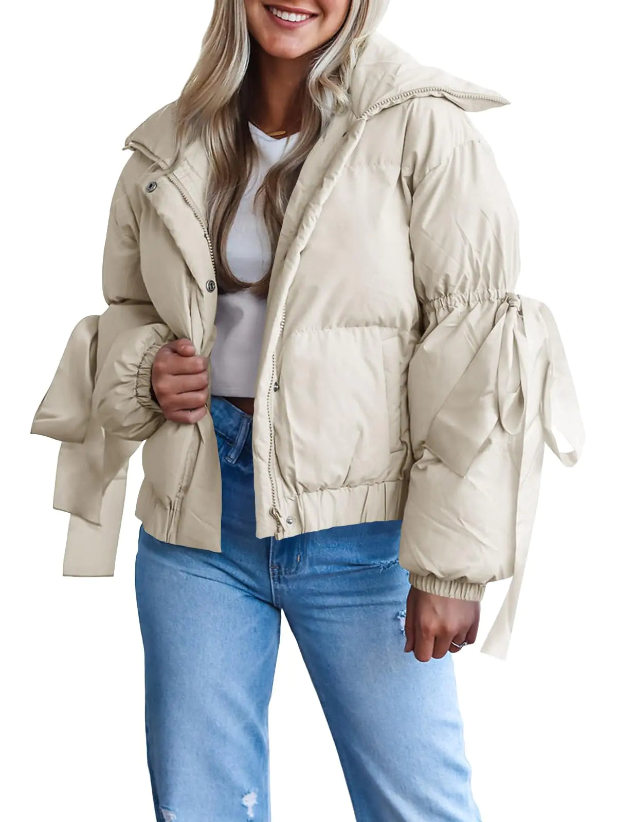 Tankaneo Womens Bow Puffer Jacket. Winter Warm Cropped Quilted Baggy Short Down Coats