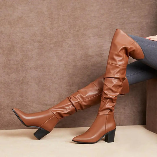 Women’s Leather Over The Knee Boots with Thick Heels