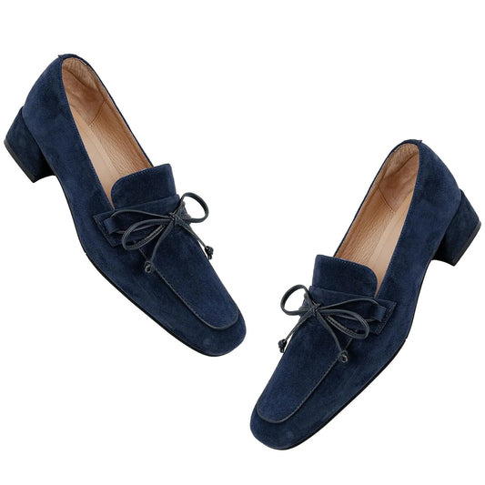 Chunky Low Heel Loafers with Bow. Suede Slip On Closed Square Toe Oxfords, Comfy 1 Inch Block Office Work Shoes Pumps. Vintage Dark Blue color