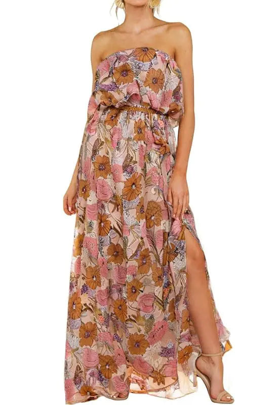 Women Strapless High Waist Dress. Side Split Flowy Sexy Summer dress, Boho Floral Print Maxi Party Dresse