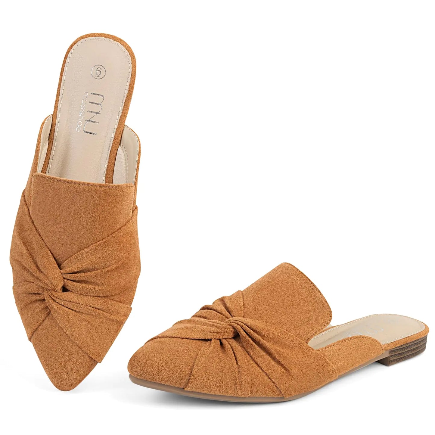 MPointed Toe Slip On Women Flats. Backless Mules Loafers with Knot shoes, Tan 7