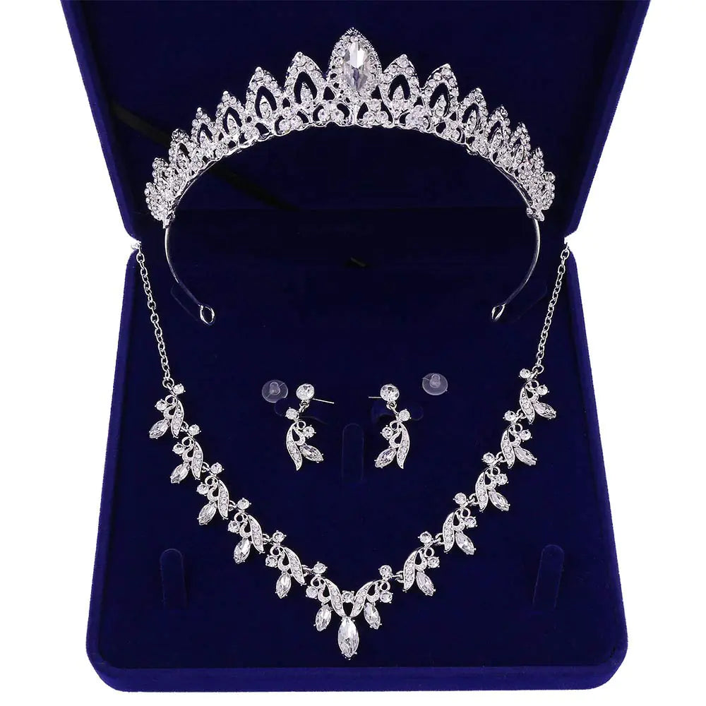 Crystal Crown Necklace Earrings Womens Jewelry Set. Party Birthday Prom Style