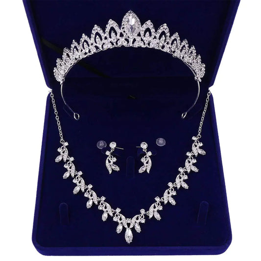 Crystal Crown Necklace Earrings Womens Jewelry Set. Party Birthday Prom Style