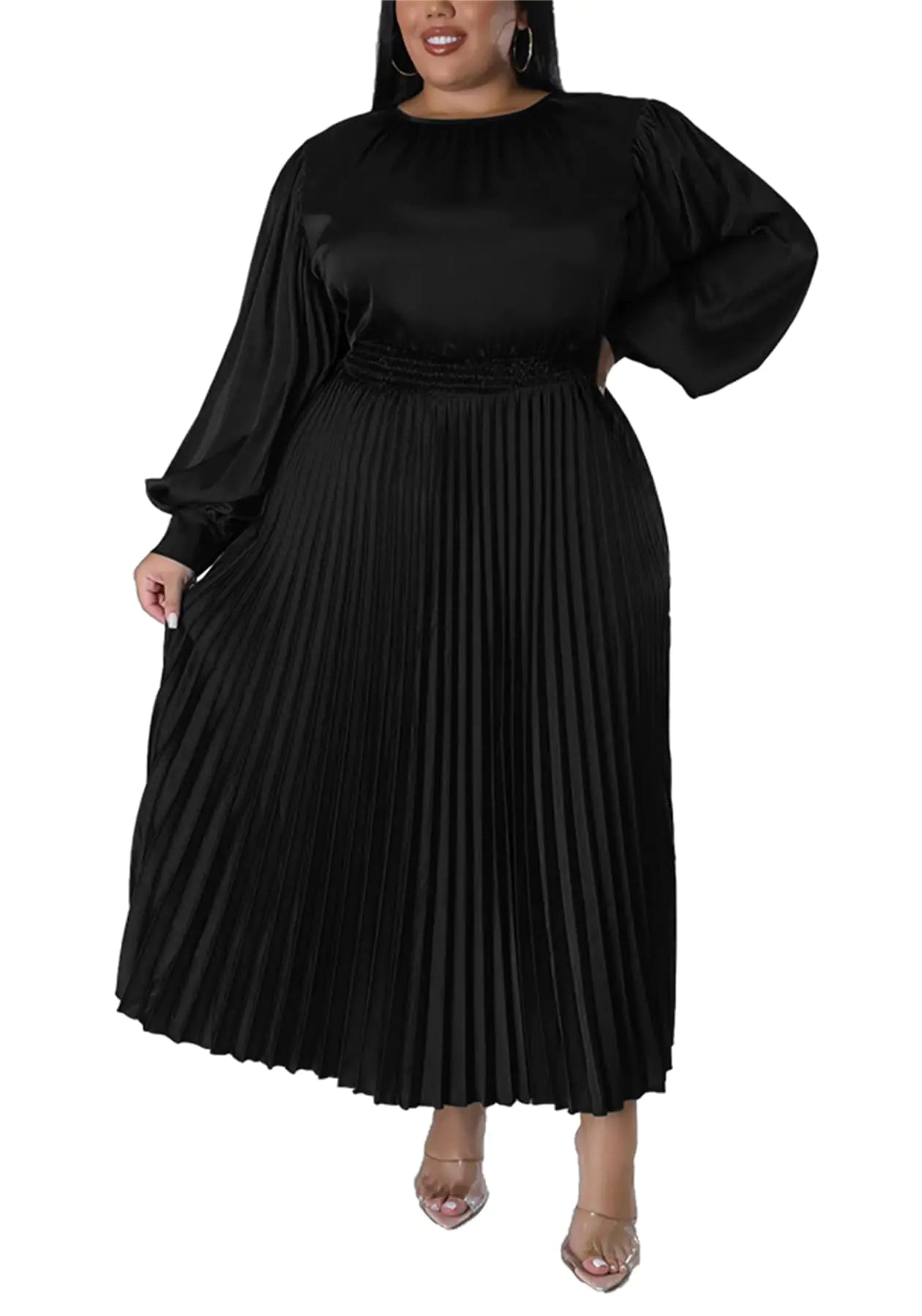 Womens Casual Plus Size Dress. Crew Neck Lantern Long Sleeve High Waist A Line Swing Pleated Party Dresses
