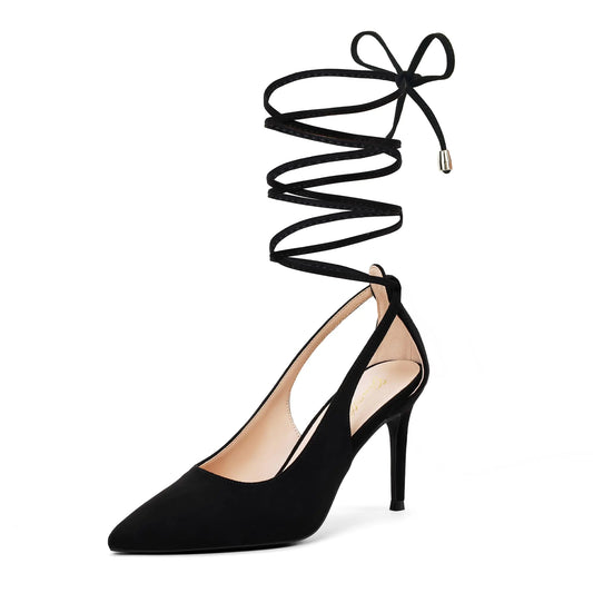 Lace Up Pumps for Women. Strappy Pointed Cloded Toe High Heels, 3 Inch Stiletto Suede Party Shoes.