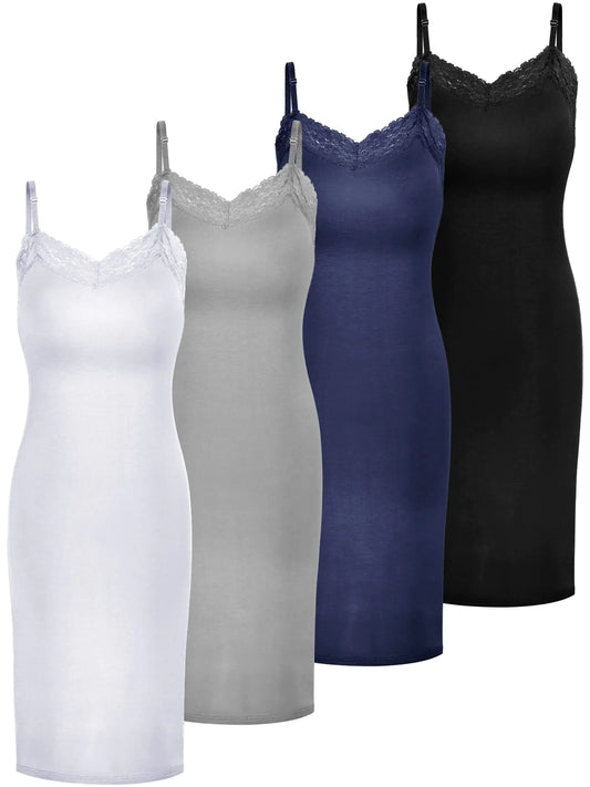 4 Pcs Women Full Slips for Under Dresses. V Neck Adjustable Lace Long Tank Tops (White, Gray, Navy Blue, Black Large)