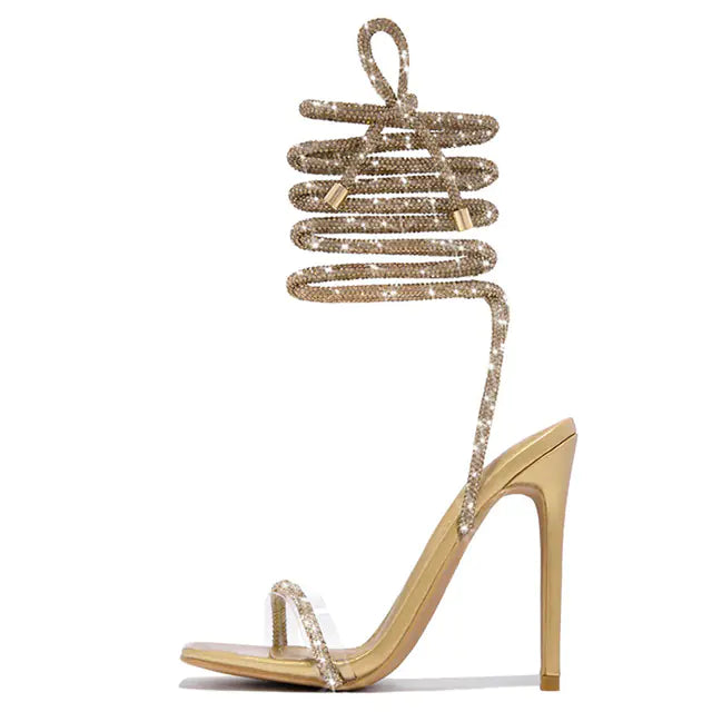 Gold Crystal Ankle Strap Open Toe Heels for Women