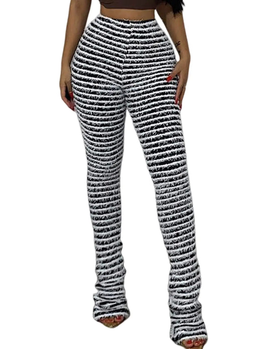 Stacked Women Fuzzy Striped Pants. Black and White Zebra Print  High Waisted Y2K Leggings