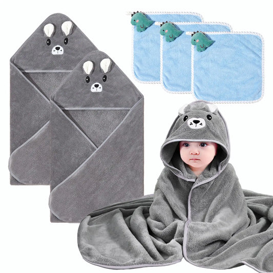 5 Pcs Baby Hooded Bath Towels and Washcloths Set. 31 x 31" Grey Absorbent Baby Towels. Toddler Essentials (Gray Elephant 2-Pack)