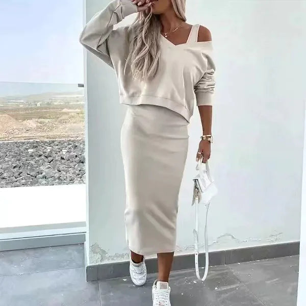 2-Piece V-Neck Sweater & Midi Skirt Set