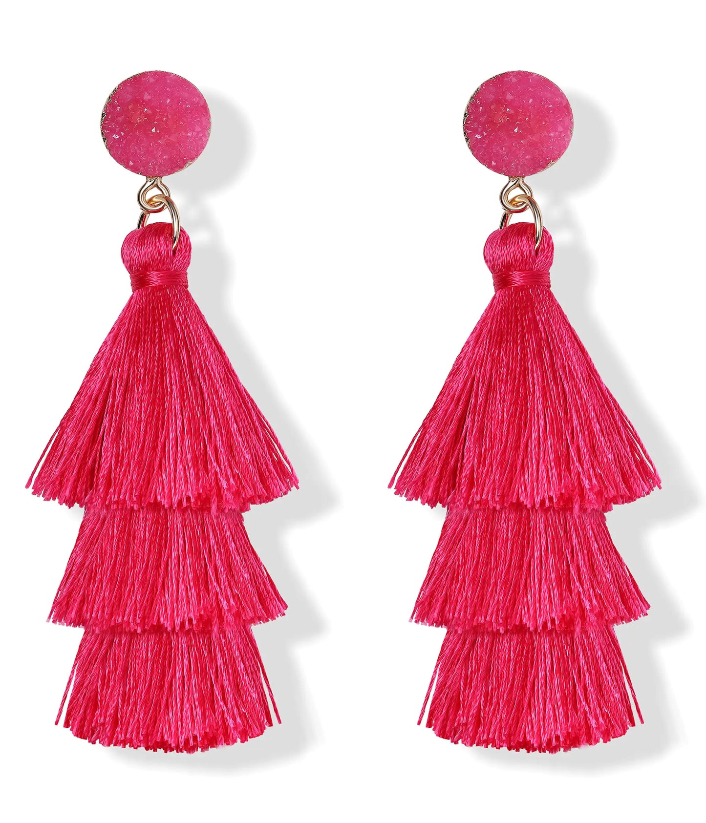 Hot Pink Tassel Earrings for Women. Layered Bohemian Big Statement Tiered Fringe Drop Dangle Earrings, Christmas Valentine Earrings Party Jewelry Gift