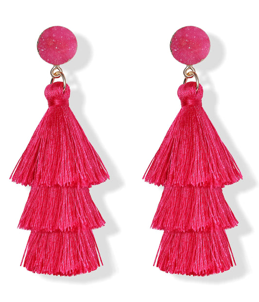 Hot Pink Tassel Earrings for Women. Layered Bohemian Big Statement Tiered Fringe Drop Dangle Earrings, Christmas Valentine Earrings Party Jewelry Gift