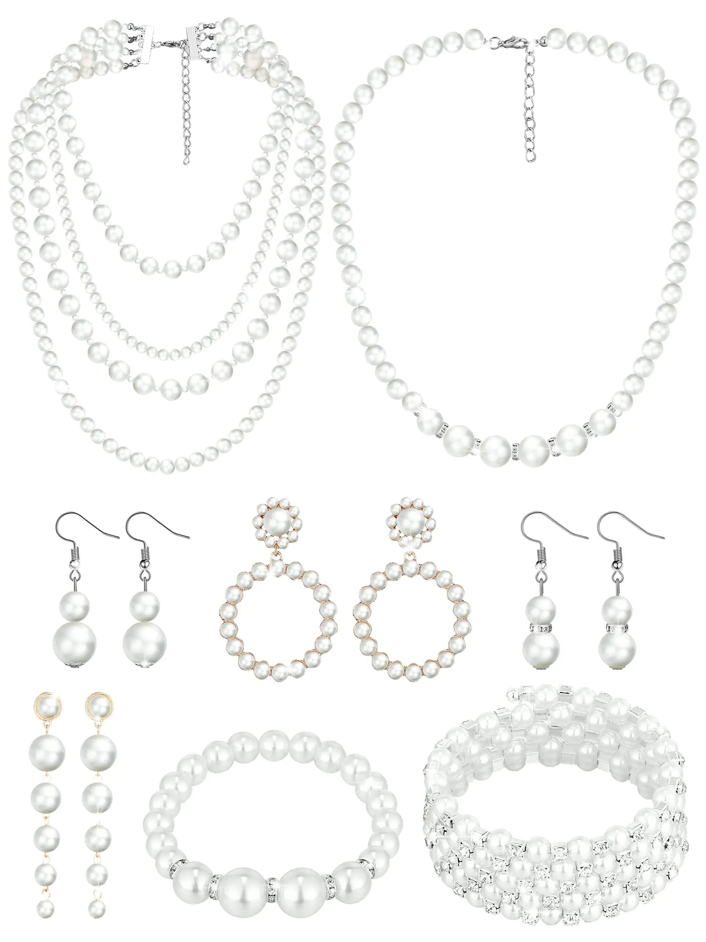 8 Pcs Pearl Necklace, Earrings, Bracelet Set for Women. Faux Pearl Jewelry Set (Delicate Style)