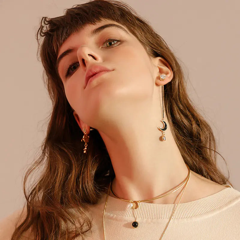 Asymmetrical Star and Moon Long Earrings for Women