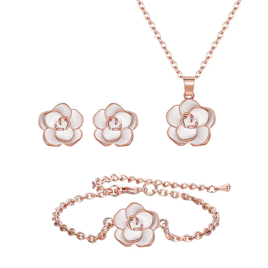 EleQueen Rose Flower Necklace Earrings Bracelet Set. 14K White Rose Gold Plated Hypoallergenic Jewelry Sets Gift for Women Girls