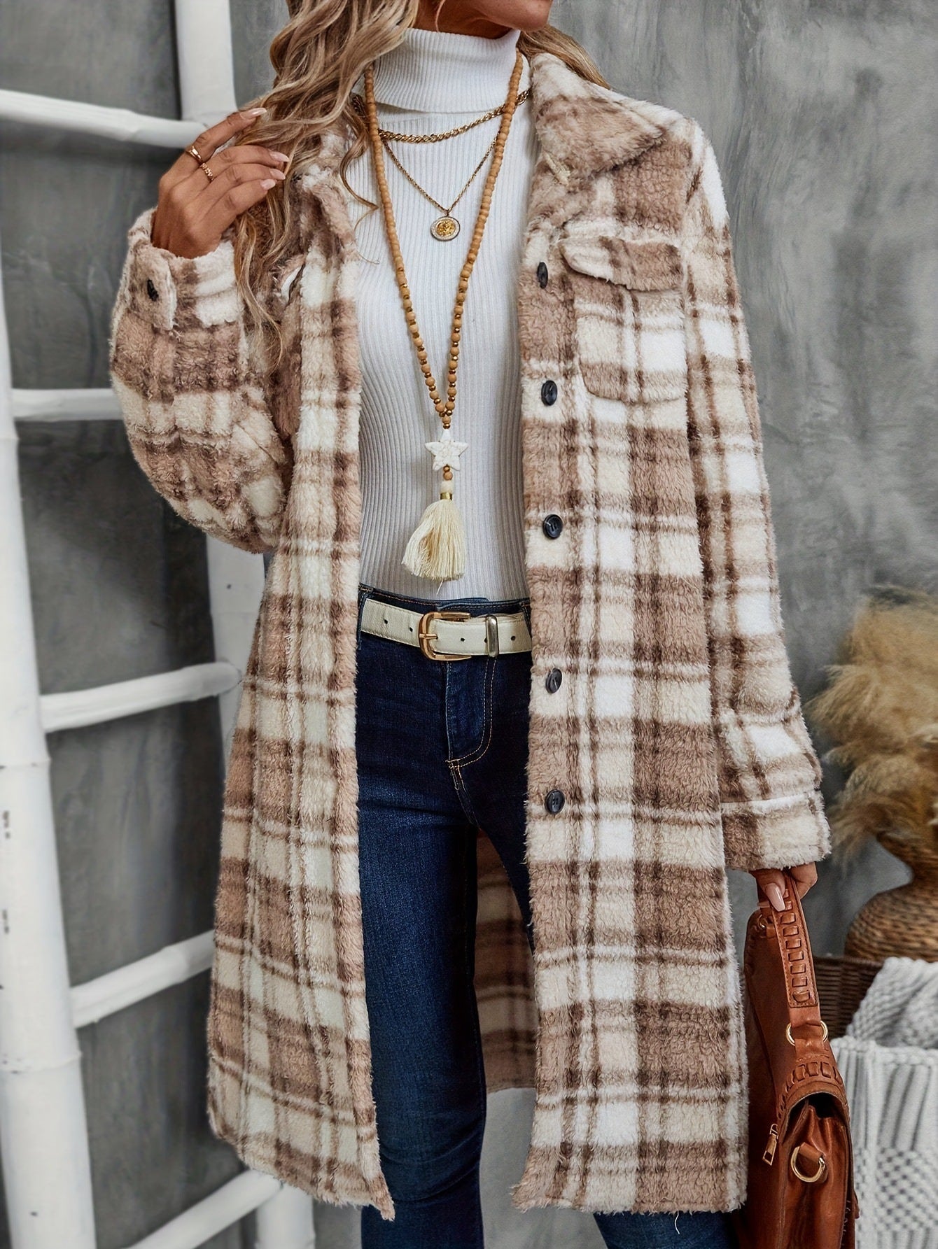 Women's Plaid Long Double-sided Pocket Button Coat