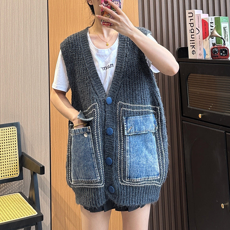 Denim Patchwork Knitting Vest Coat Women