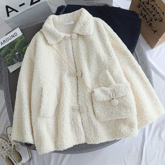 Thick loose lamb Wool Coat. Female Fleece-lined jacket