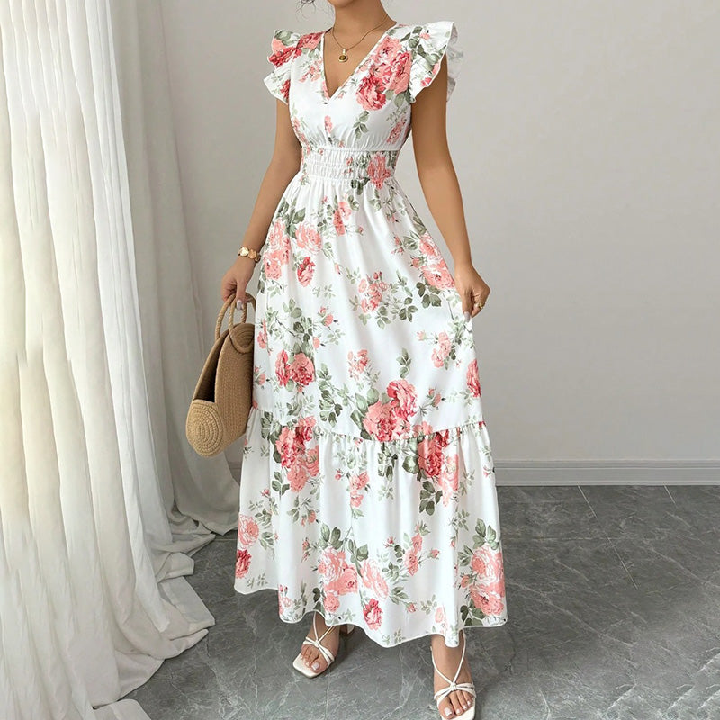 Womens Casual Summer Maxi Dress. Flutter Short Sleeve V Neck Smocked dress, A Line Flowy Beach Vacation Long Dresses