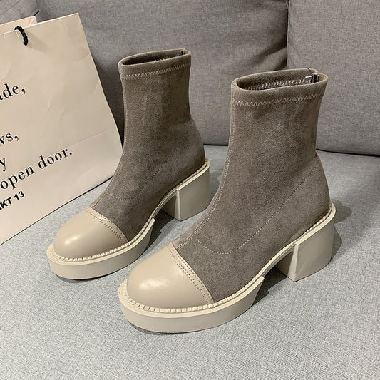 Women Short Thick Heel Boots with Stitching