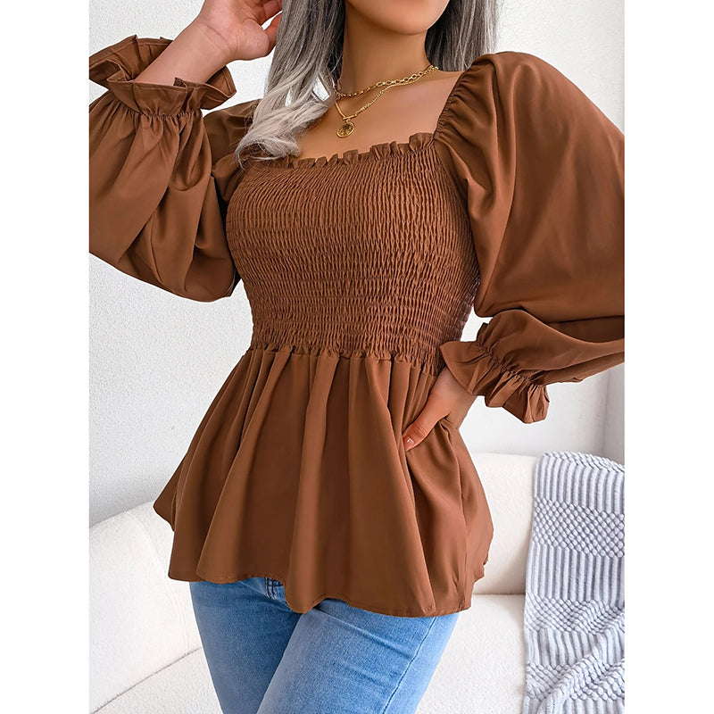 Women's Peplum Tops. Square Neck Ruffle Trim Long Sleeve Blouse, Smocked Top Dressy Casual Shirts