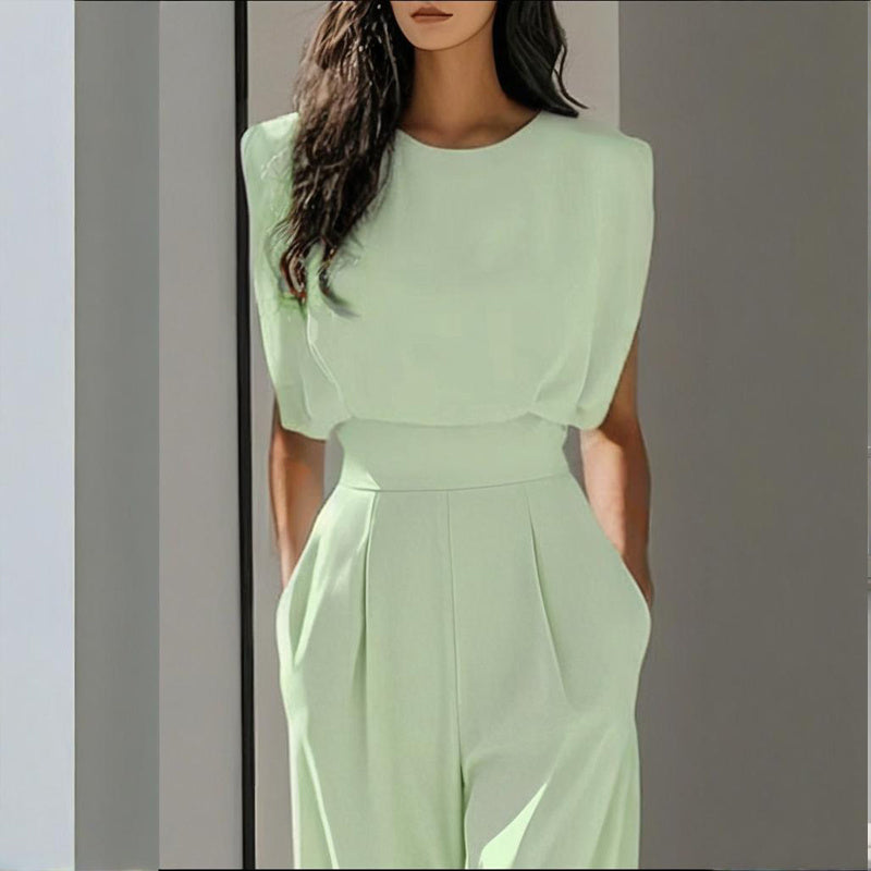 Women's Solid Color Round Neck Jumpsuits. Short Sleeve Wide-Leg, Waist Design & Pockets Casual Romper For Spring & Summer