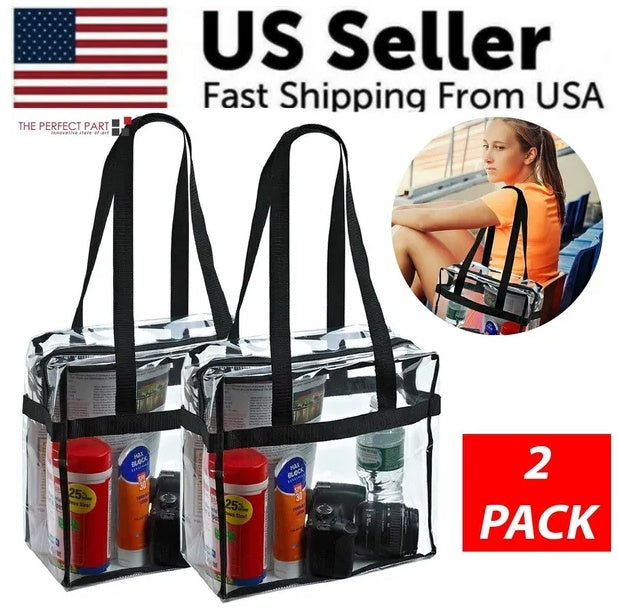 2x Clear PVC Tote Bag. Women Large Transparent Handbag Zip Purse Stadium Security