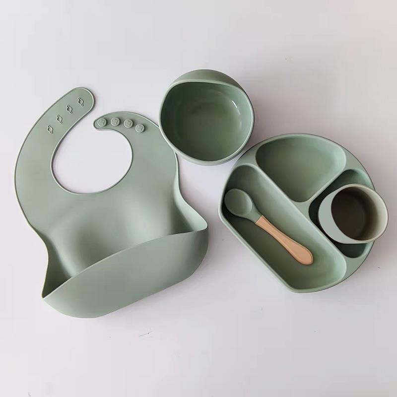 Dinner Plate Bib Silicone Bowl Spoon Complementary Baby Tableware Set
