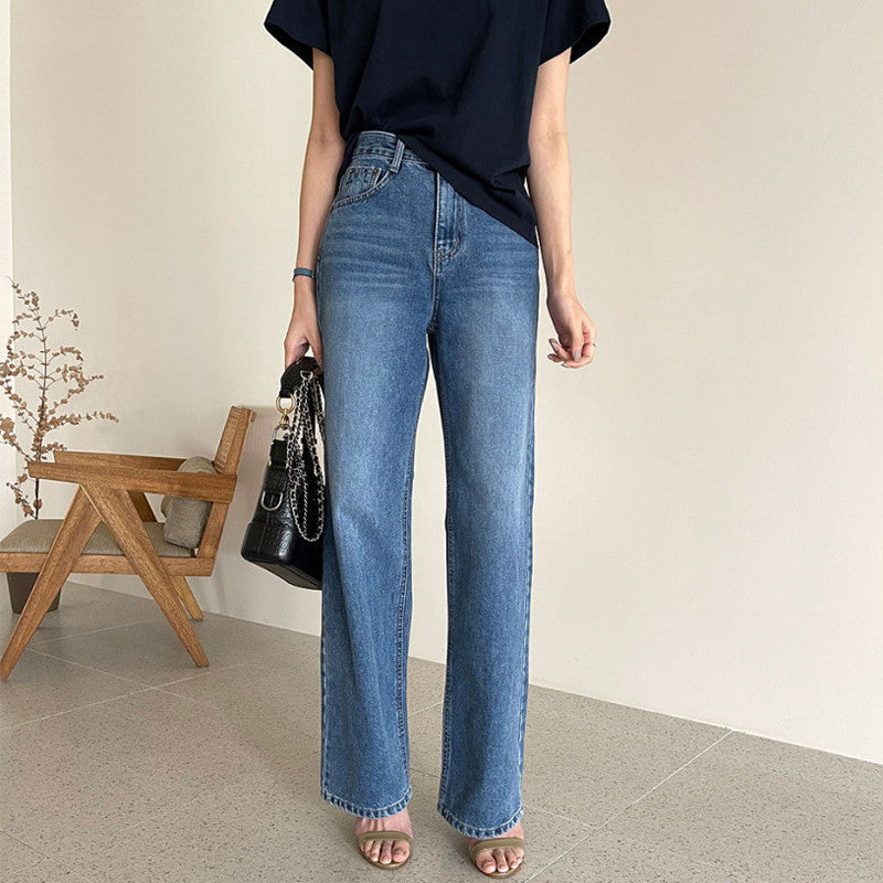 Korean Style Rolled-up Casual Jeans. High Waist Slim Straight Leg Pants Women