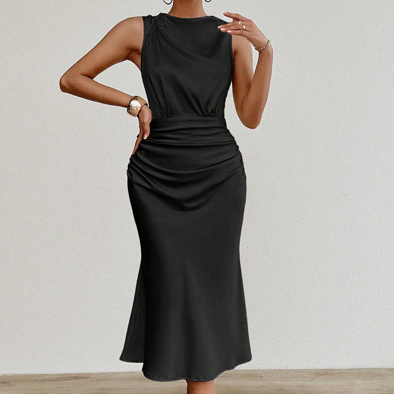 Women's Summer Sleeveless Tank Dresses.  Crew Neck Ruched Casual Party Club Dress