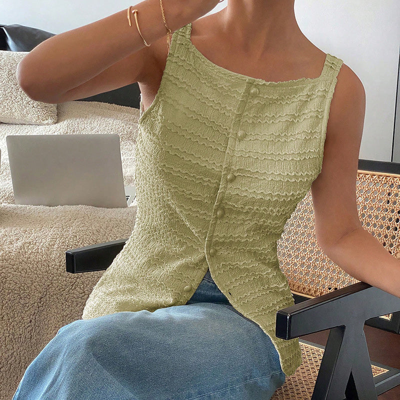 Womens Trendy Square Neck Button Up Vest Blouses. Y2k Going Out Tank Tops