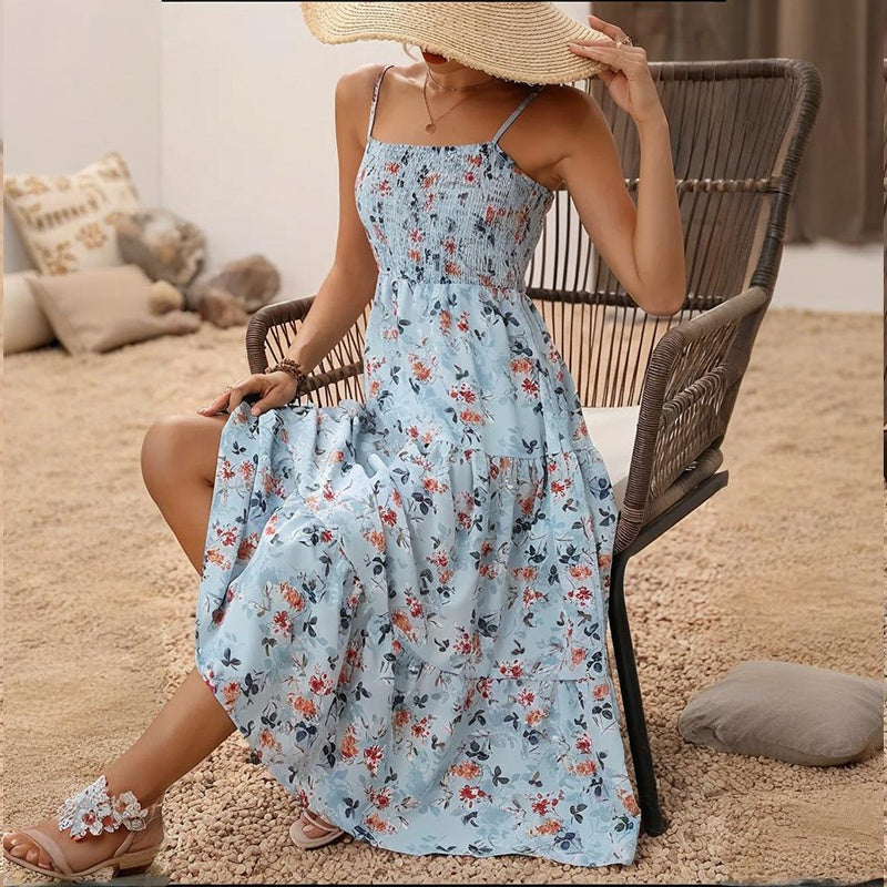 Womens Summer Floral Midi Dress. Smocked Spaghetti Strap Sleeveless Tiered Casual Flowy Dresses