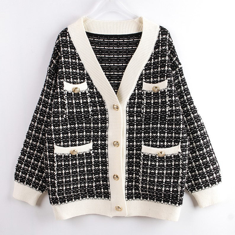 Women's Knitted Plaid Cardigan Jacket - Loose Fit