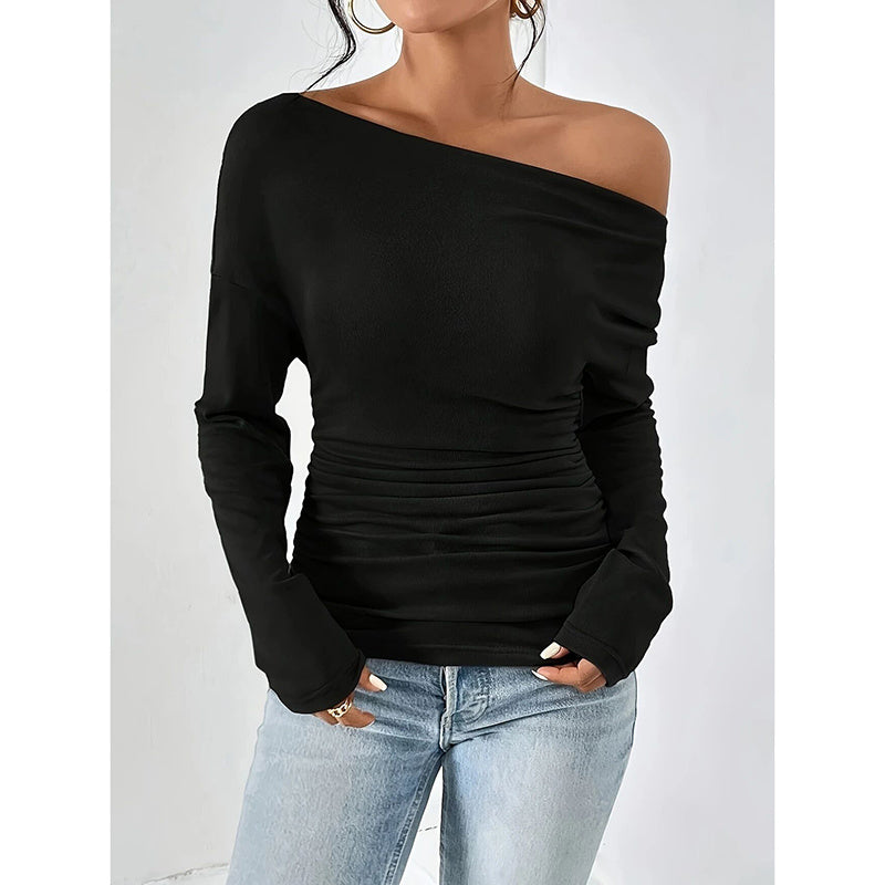 Women's Off The Shoulder Long Sleeve Tops. Going Out Casual Trendy Ruched Slim Fitted blouses
