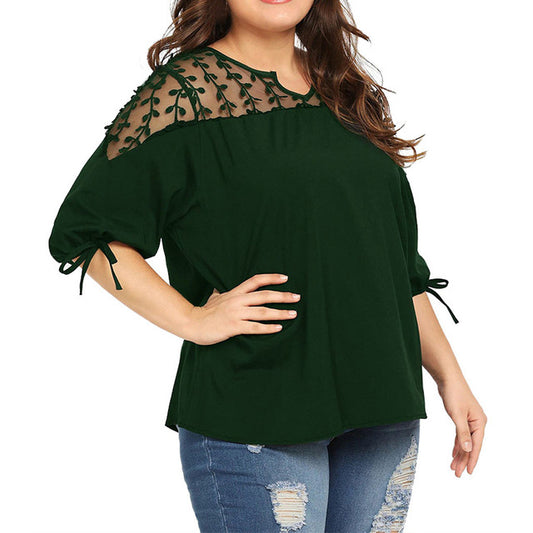 Plus Size Sheer Lace Chiffon Blouses with Ribbons