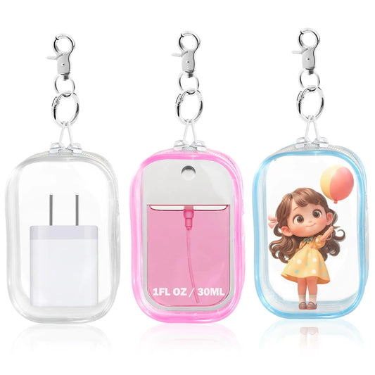 1FL OZ/30ml 3 Pack Hand Sanitizer Holder Clear Zippered Pouch. Mini Clear Makeup Figures Display Bag with Keychain