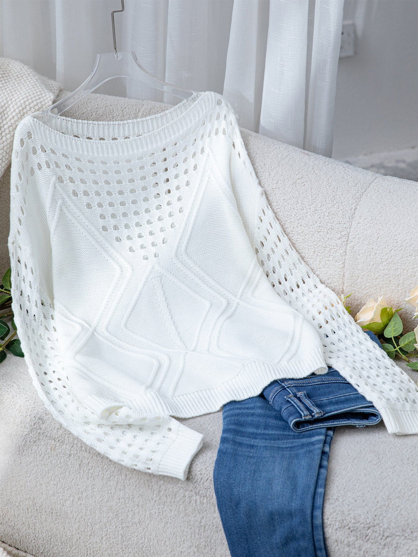 Women's Casual Long Sleeve Crew Neck Blouse. Lightweight Hollow Out Pullover Sweater Tops