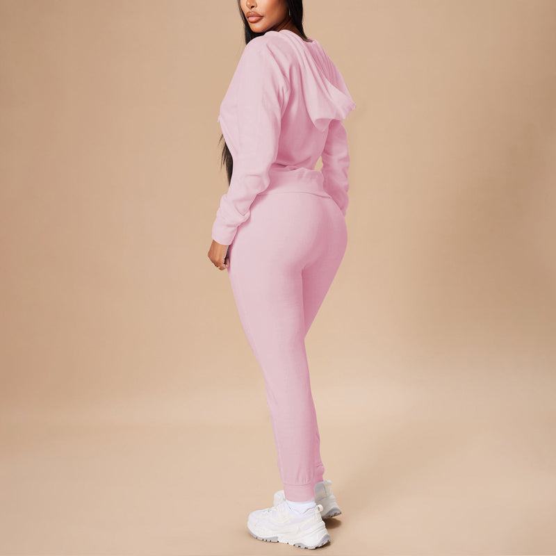2-piece Zip Pocket Drawstring Hooded Crop Top & Slim Fit Pocket Pants - Ribbed Detail Casual Outfit for women