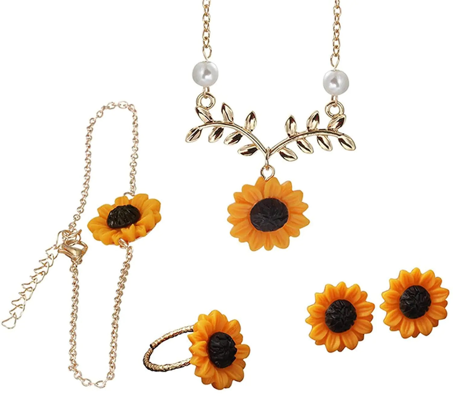 Generic 5PCS Sunflower Faux Pearl Leaf jewelry. Chain Resin Boho Pendant Necklace, Bracelet, Earrings & Ring for Women.