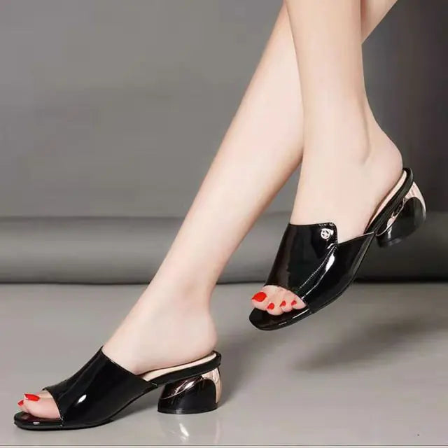 Comfortable Red PU Leather Heels Slides for Women