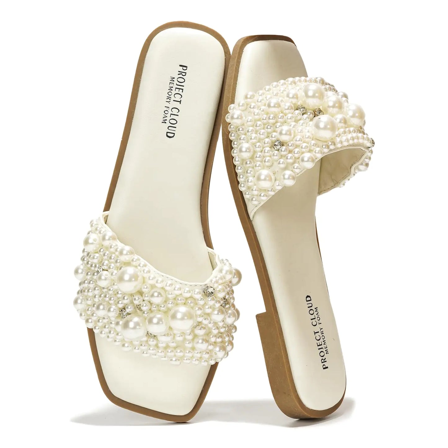 Rhinestone Memory Foam Sandals. Non-Slip Womens Flats Slides Footwear for Summer