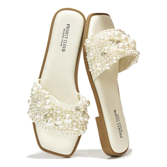 Rhinestone Memory Foam Sandals. Non-Slip Womens Flats Slides Footwear for Summer