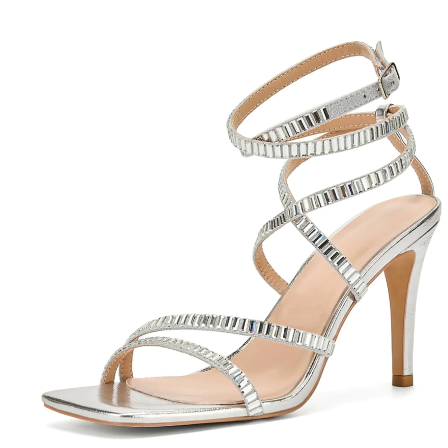 Lace Up High Heels. Open Toe Strappy Kitten Rhinestone Sandals for women, Square Buckle Prom Party Wedding shoes