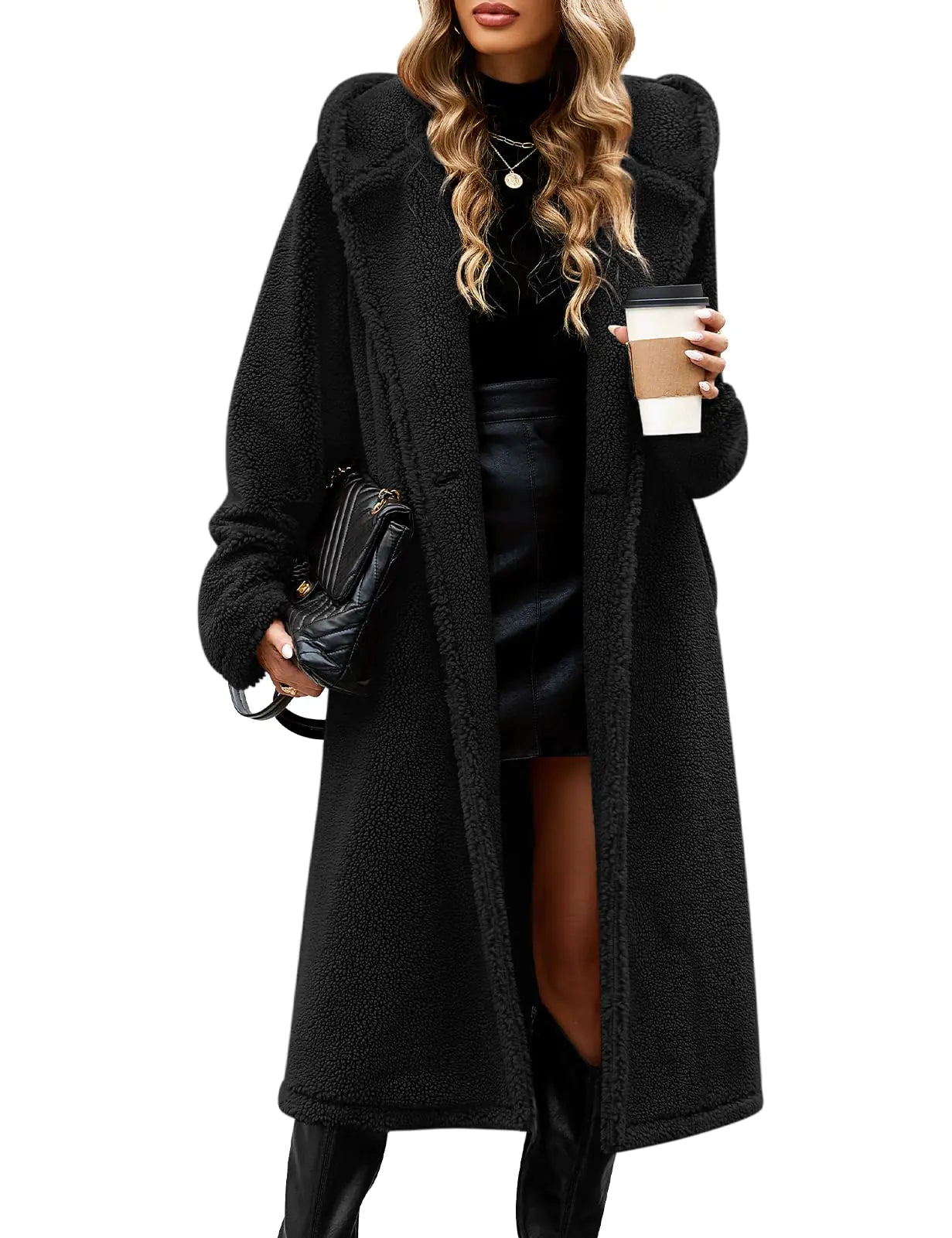 HEEKPEK Women Winter Fuzzy Fleece Lapel Coats. Long Fluffy Hooded Faux Fur Warm Overcoats with Pockets Button