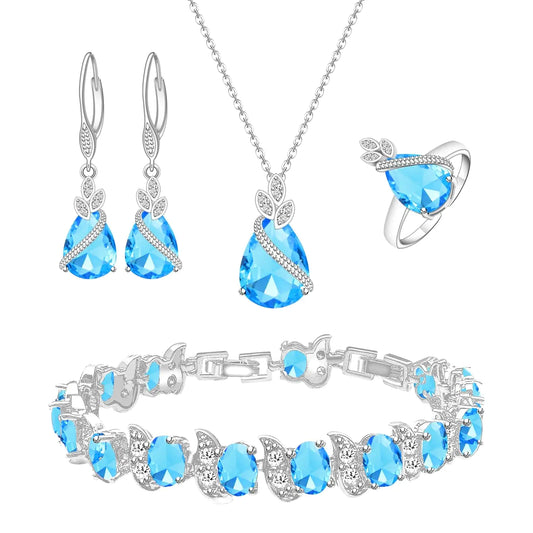 Australian Crystal Jewelry Set. Platinum Plated Aquamarine Necklace, Ring Earrings and Bracelet for women.