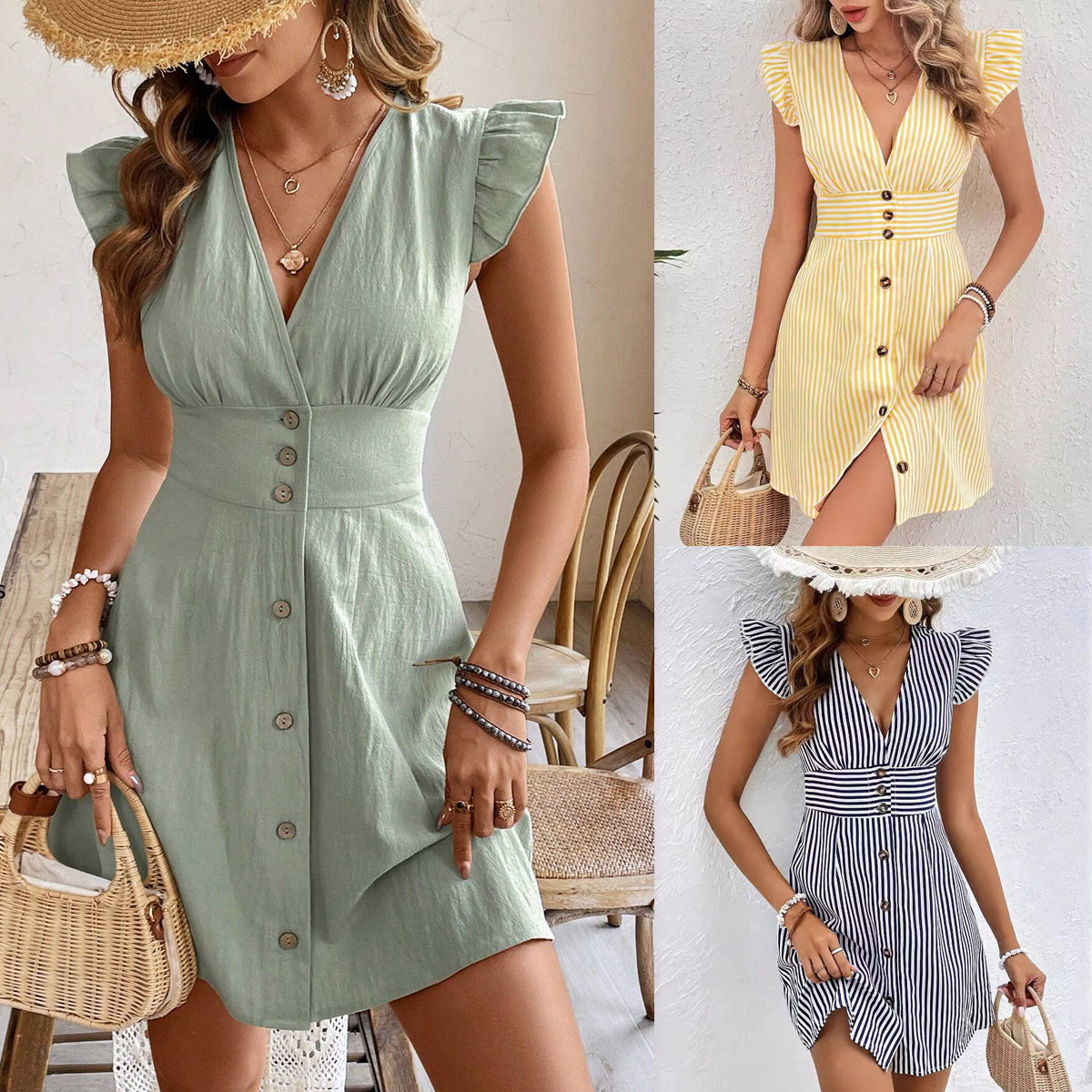Summer V-neck Single-breasted Dresses. Fly-sleeve Women's Shirt Dresses With Elegant Splicing Stripe, Beach Style Dress