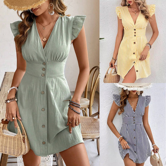 Summer V-neck Single-breasted Dresses. Fly-sleeve Women's Shirt Dresses With Elegant Splicing Stripe, Beach Style Dress