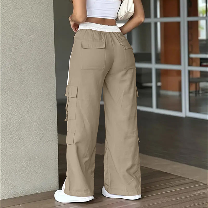 Women's Striped Straight Leg Pants. Button Zip With Pocket, Casual Trousers For Spring And Fall