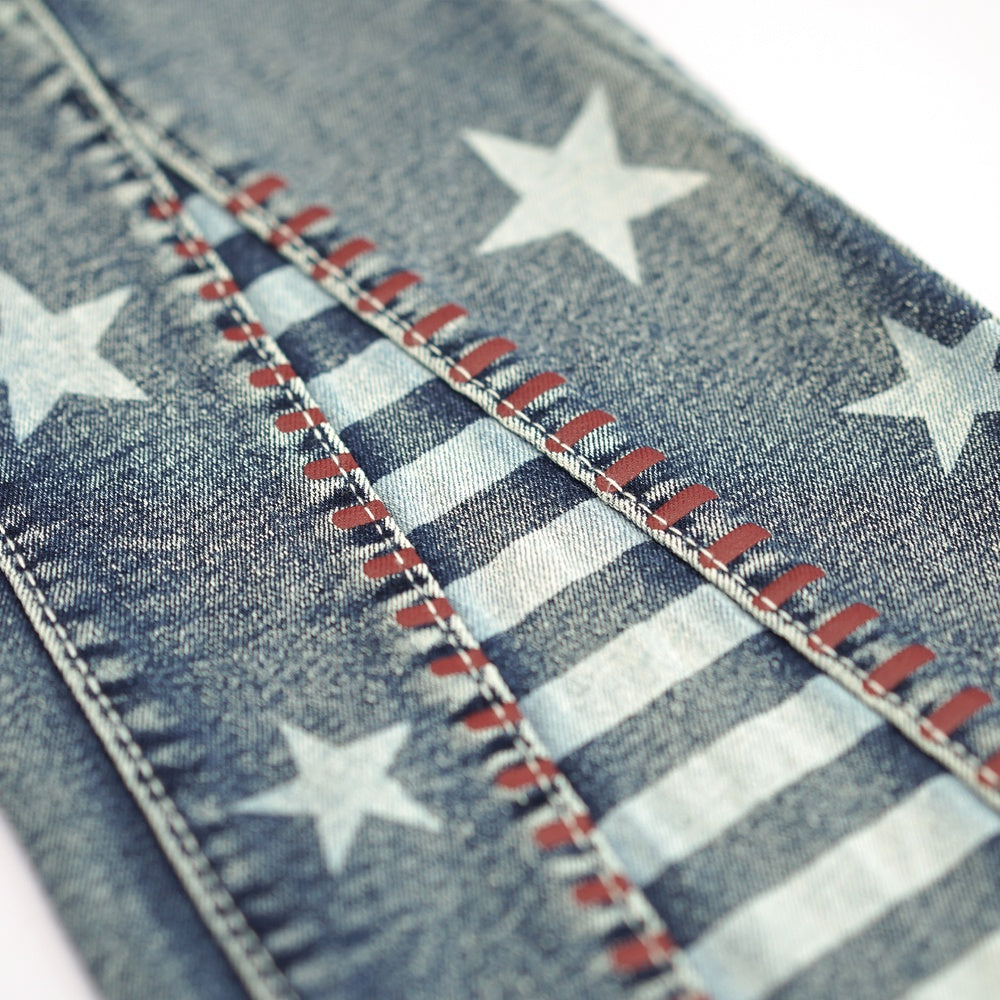 High Waisted Star Patchwork Flare Pants. 4th Of July Outfits For Women, Bell Bottom Denim Pants, Slim Fit Curve Enhancing Soft Stretch Fabric
